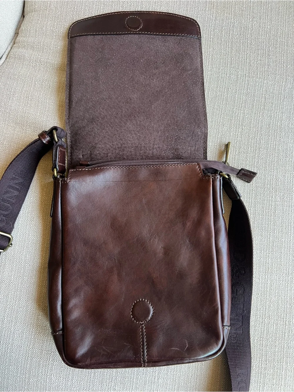 Men's Brown Leather Messenger Bag with Embossed Logo